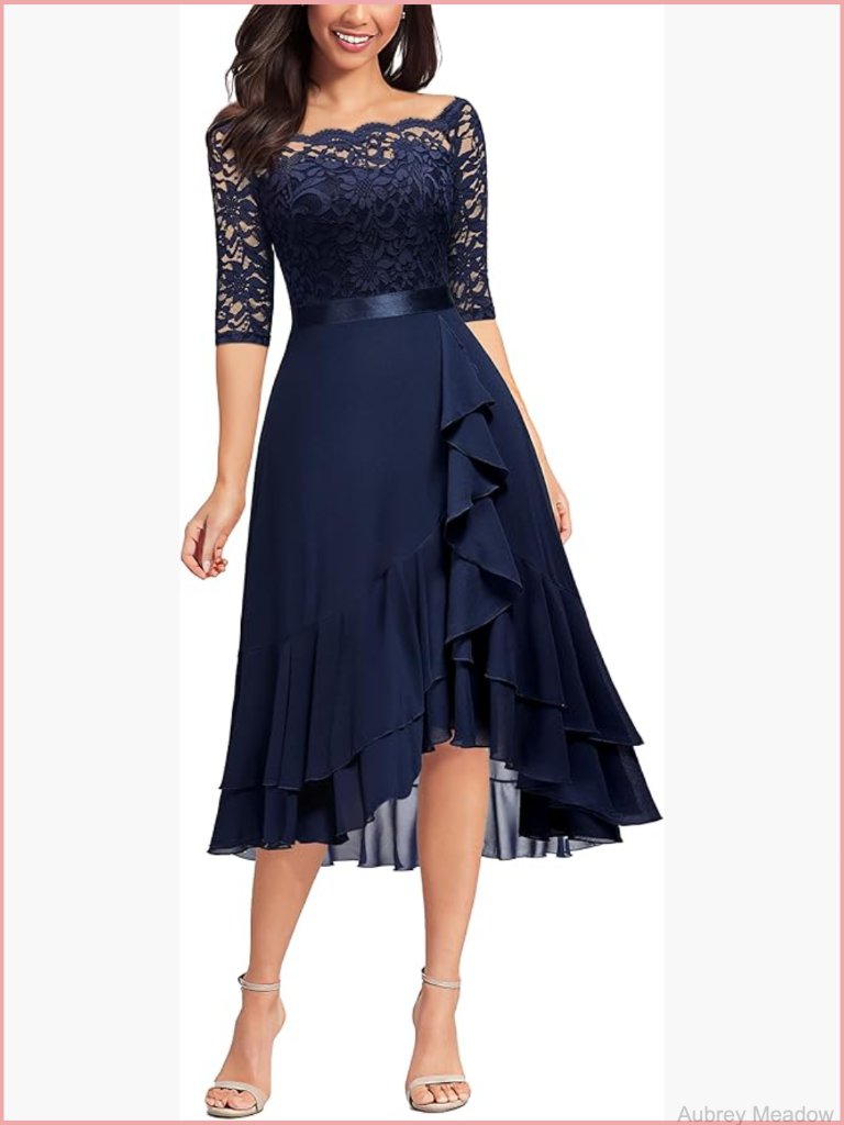 Off Shoulder Floral Ruffle Lace Chiffon Party Dress